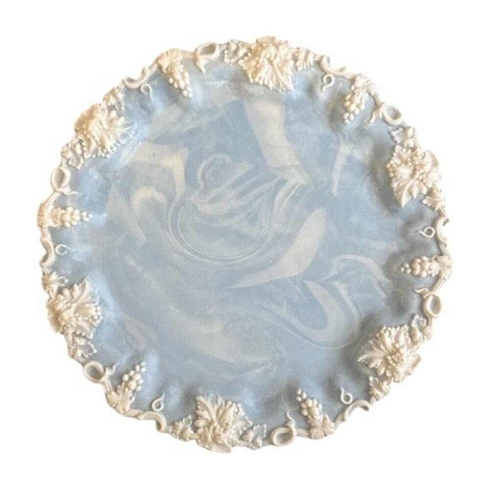 Vintage Incolay Stone USA  Powder Blue Dish Tray Platter White Grapes Trim